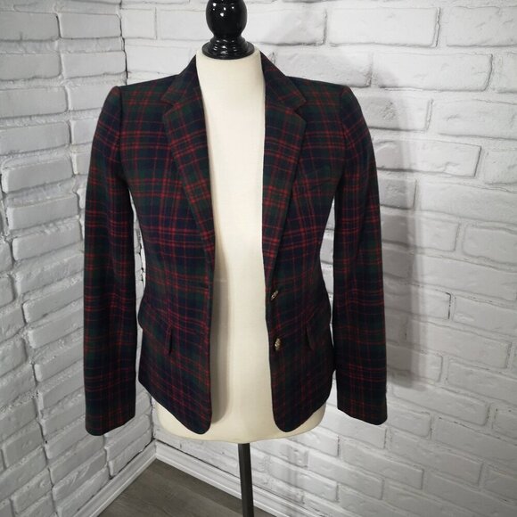 J. Crew Ladies Size 00 Navy Green Red Plaid Lined Wool Blend Blazer - Picture 1 of 12